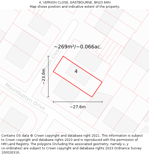 4, VERNON CLOSE, EASTBOURNE, BN23 6AN: Plot and title map