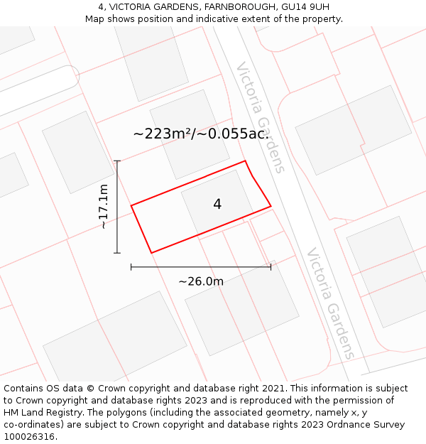 4, VICTORIA GARDENS, FARNBOROUGH, GU14 9UH: Plot and title map