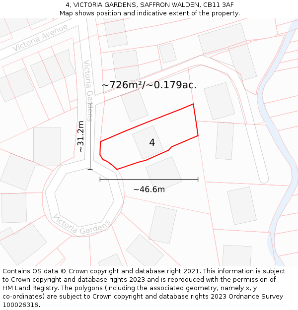 4, VICTORIA GARDENS, SAFFRON WALDEN, CB11 3AF: Plot and title map