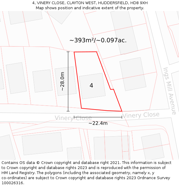 4, VINERY CLOSE, CLAYTON WEST, HUDDERSFIELD, HD8 9XH: Plot and title map