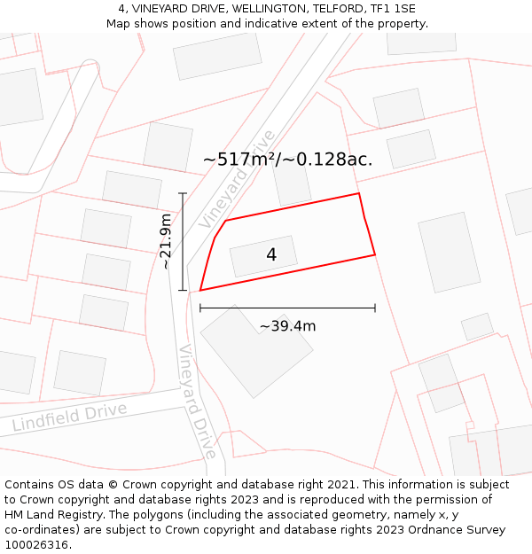 4, VINEYARD DRIVE, WELLINGTON, TELFORD, TF1 1SE: Plot and title map