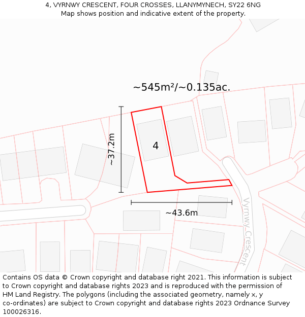 4, VYRNWY CRESCENT, FOUR CROSSES, LLANYMYNECH, SY22 6NG: Plot and title map