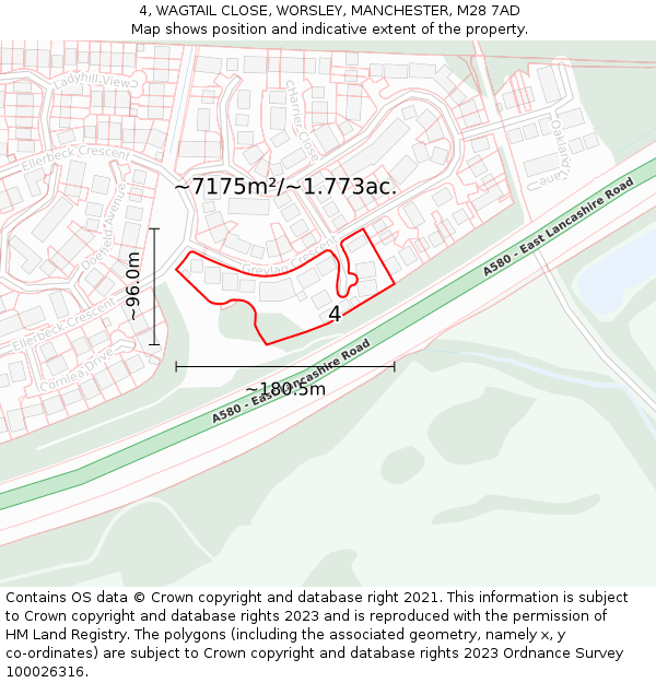 4, WAGTAIL CLOSE, WORSLEY, MANCHESTER, M28 7AD: Plot and title map