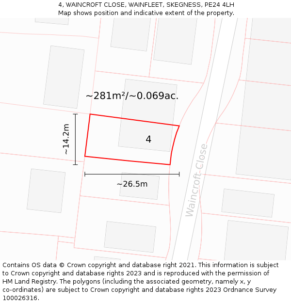 4, WAINCROFT CLOSE, WAINFLEET, SKEGNESS, PE24 4LH: Plot and title map