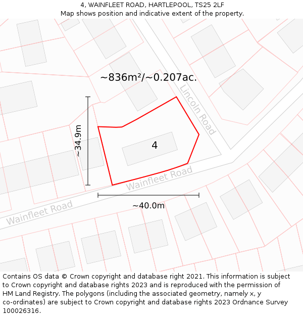 4, WAINFLEET ROAD, HARTLEPOOL, TS25 2LF: Plot and title map