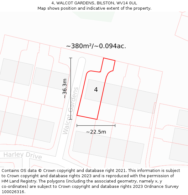 4, WALCOT GARDENS, BILSTON, WV14 0UL: Plot and title map