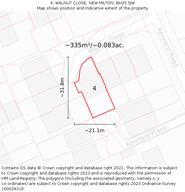 4, WALNUT CLOSE, NEW MILTON, BH25 5JW: Plot and title map