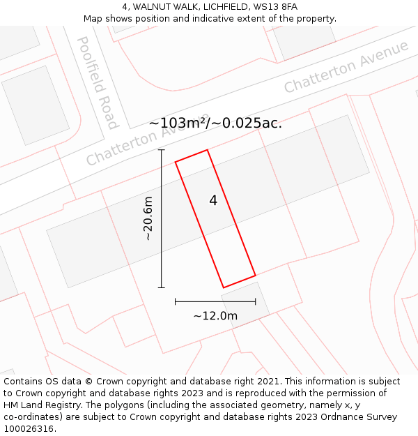 4, WALNUT WALK, LICHFIELD, WS13 8FA: Plot and title map