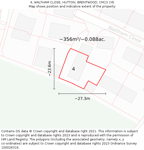 4, WALTHAM CLOSE, HUTTON, BRENTWOOD, CM13 1YE: Plot and title map