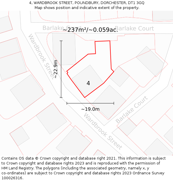 4, WARDBROOK STREET, POUNDBURY, DORCHESTER, DT1 3GQ: Plot and title map