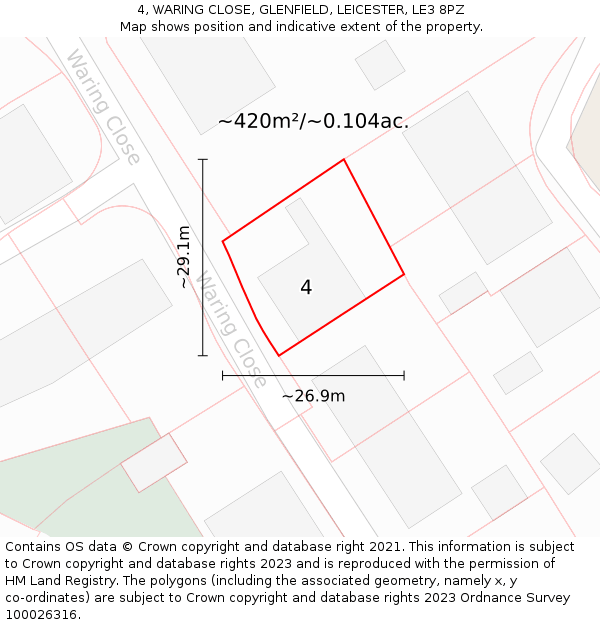 4, WARING CLOSE, GLENFIELD, LEICESTER, LE3 8PZ: Plot and title map