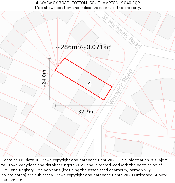 4, WARWICK ROAD, TOTTON, SOUTHAMPTON, SO40 3QP: Plot and title map