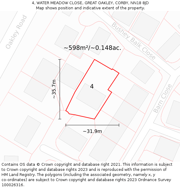 4, WATER MEADOW CLOSE, GREAT OAKLEY, CORBY, NN18 8JD: Plot and title map