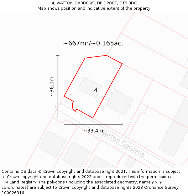 4, WATTON GARDENS, BRIDPORT, DT6 3DG: Plot and title map
