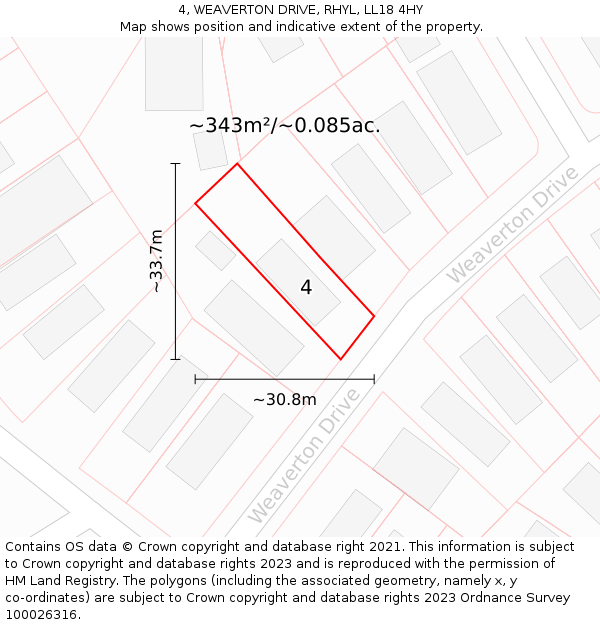 4, WEAVERTON DRIVE, RHYL, LL18 4HY: Plot and title map