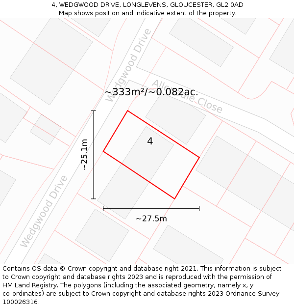 4, WEDGWOOD DRIVE, LONGLEVENS, GLOUCESTER, GL2 0AD: Plot and title map