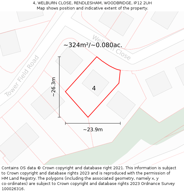 4, WELBURN CLOSE, RENDLESHAM, WOODBRIDGE, IP12 2UH: Plot and title map