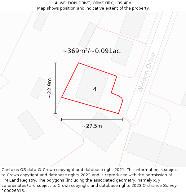 4, WELDON DRIVE, ORMSKIRK, L39 4RA: Plot and title map