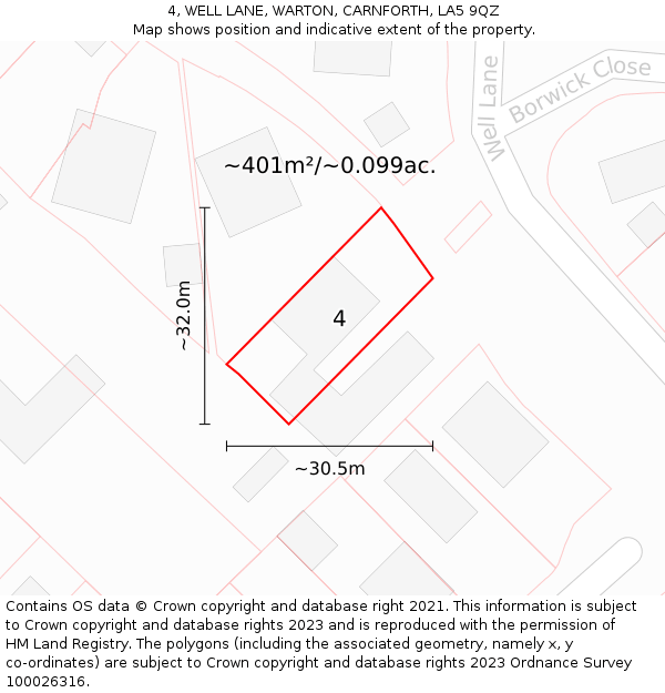 4, WELL LANE, WARTON, CARNFORTH, LA5 9QZ: Plot and title map