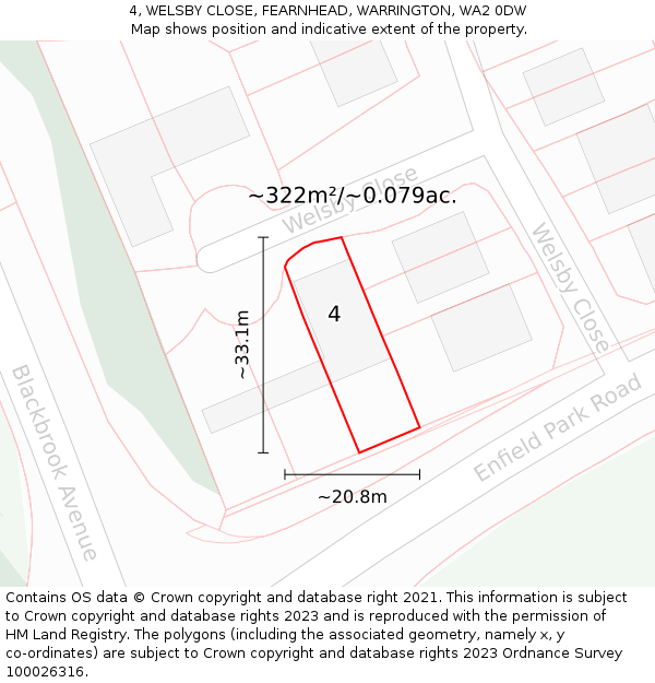 4, WELSBY CLOSE, FEARNHEAD, WARRINGTON, WA2 0DW: Plot and title map