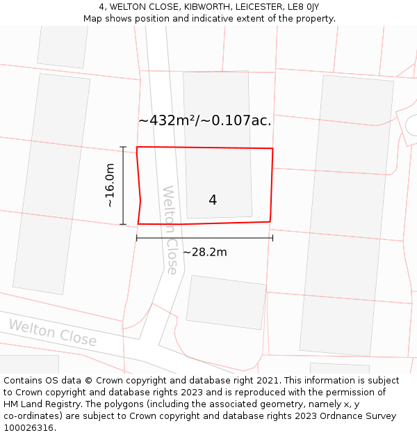 4, WELTON CLOSE, KIBWORTH, LEICESTER, LE8 0JY: Plot and title map