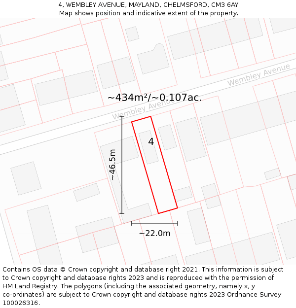 4, WEMBLEY AVENUE, MAYLAND, CHELMSFORD, CM3 6AY: Plot and title map