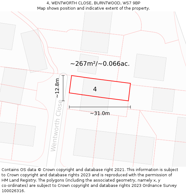 4, WENTWORTH CLOSE, BURNTWOOD, WS7 9BP: Plot and title map