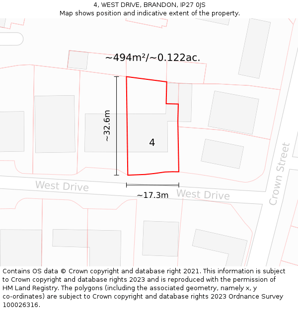 4, WEST DRIVE, BRANDON, IP27 0JS: Plot and title map