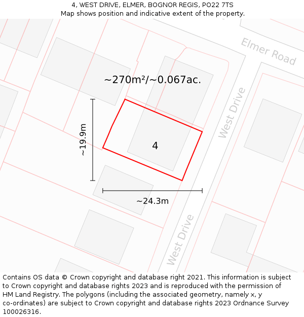 4, WEST DRIVE, ELMER, BOGNOR REGIS, PO22 7TS: Plot and title map