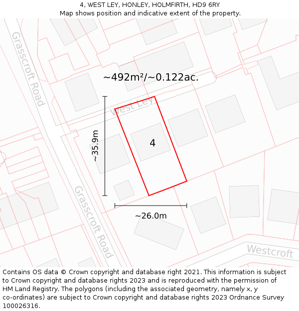 4, WEST LEY, HONLEY, HOLMFIRTH, HD9 6RY: Plot and title map