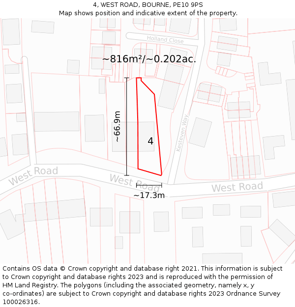 4, WEST ROAD, BOURNE, PE10 9PS: Plot and title map