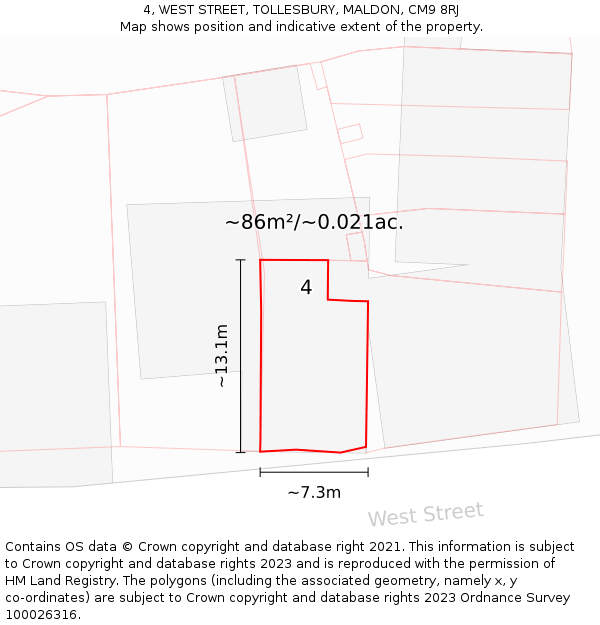 4, WEST STREET, TOLLESBURY, MALDON, CM9 8RJ: Plot and title map