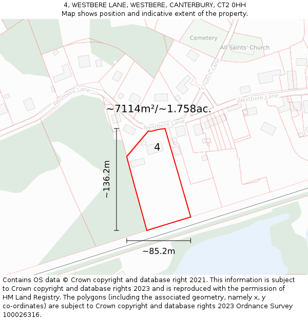 4, WESTBERE LANE, WESTBERE, CANTERBURY, CT2 0HH: Plot and title map
