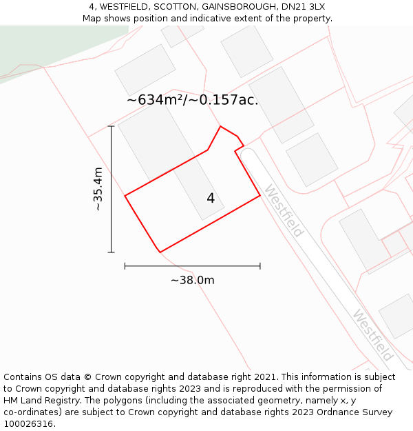 4, WESTFIELD, SCOTTON, GAINSBOROUGH, DN21 3LX: Plot and title map