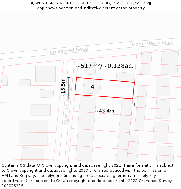 4, WESTLAKE AVENUE, BOWERS GIFFORD, BASILDON, SS13 2JJ: Plot and title map