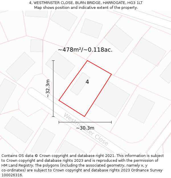 4, WESTMINSTER CLOSE, BURN BRIDGE, HARROGATE, HG3 1LT: Plot and title map