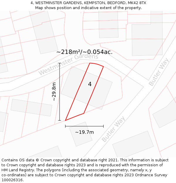 4, WESTMINSTER GARDENS, KEMPSTON, BEDFORD, MK42 8TX: Plot and title map