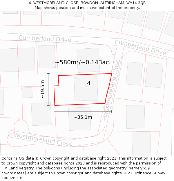 4, WESTMORELAND CLOSE, BOWDON, ALTRINCHAM, WA14 3QR: Plot and title map