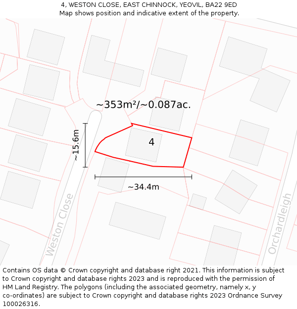 4, WESTON CLOSE, EAST CHINNOCK, YEOVIL, BA22 9ED: Plot and title map