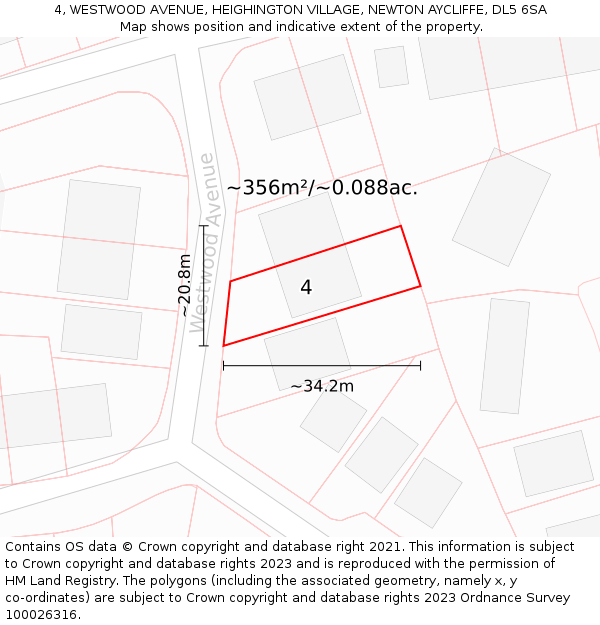 4, WESTWOOD AVENUE, HEIGHINGTON VILLAGE, NEWTON AYCLIFFE, DL5 6SA: Plot and title map