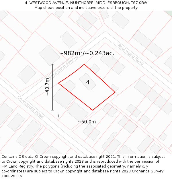 4, WESTWOOD AVENUE, NUNTHORPE, MIDDLESBROUGH, TS7 0BW: Plot and title map