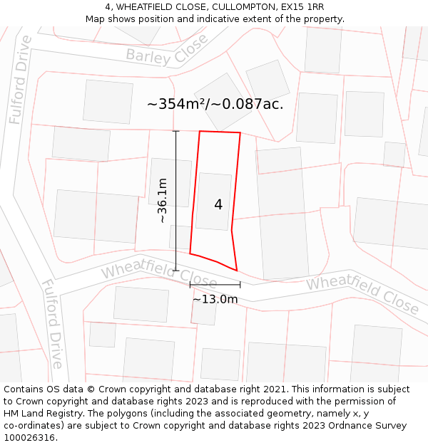 4, WHEATFIELD CLOSE, CULLOMPTON, EX15 1RR: Plot and title map