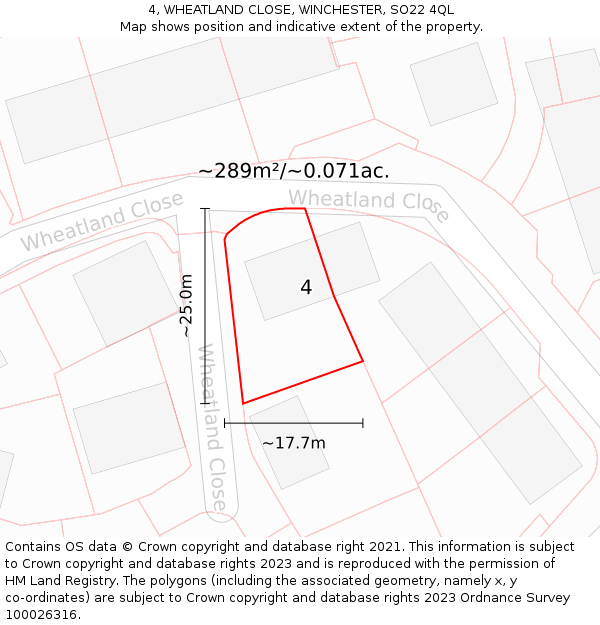 4, WHEATLAND CLOSE, WINCHESTER, SO22 4QL: Plot and title map