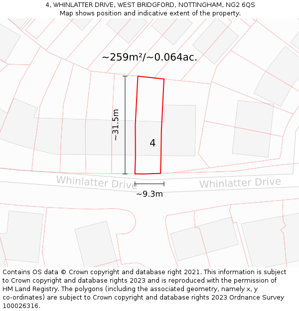 4, WHINLATTER DRIVE, WEST BRIDGFORD, NOTTINGHAM, NG2 6QS: Plot and title map