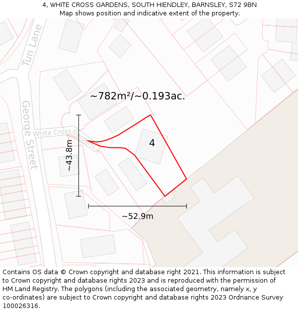 4, WHITE CROSS GARDENS, SOUTH HIENDLEY, BARNSLEY, S72 9BN: Plot and title map