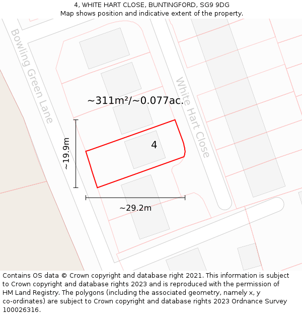 4, WHITE HART CLOSE, BUNTINGFORD, SG9 9DG: Plot and title map