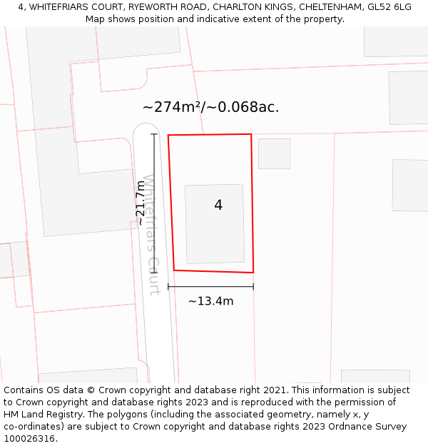 4, WHITEFRIARS COURT, RYEWORTH ROAD, CHARLTON KINGS, CHELTENHAM, GL52 6LG: Plot and title map