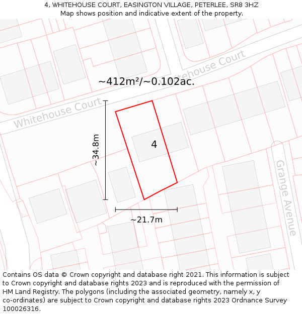 4, WHITEHOUSE COURT, EASINGTON VILLAGE, PETERLEE, SR8 3HZ: Plot and title map
