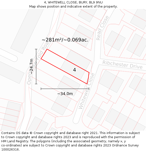 4, WHITEWELL CLOSE, BURY, BL9 9NU: Plot and title map