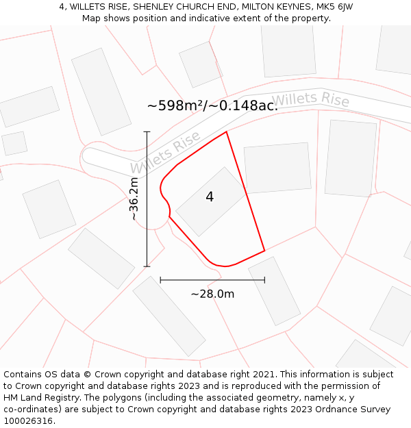 4, WILLETS RISE, SHENLEY CHURCH END, MILTON KEYNES, MK5 6JW: Plot and title map